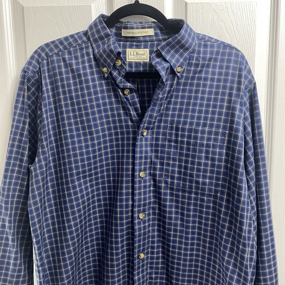 LL Bean Mens Dress Shirt Button Down 100% Cotton Blue Checker Sz. M Tall EUC